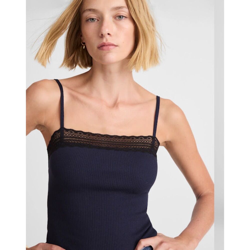 Women’s M Midnight Navy Lace Trim Square Neck Ribbed Cami Tank Top Y2K